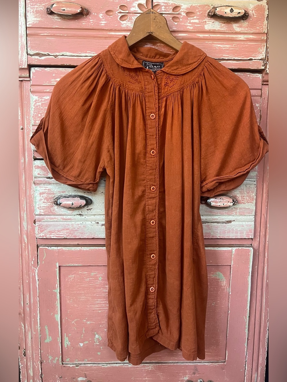 Vintage 70s India Cotton Gauze Embroidered Puff Sleeve Orange Rust Tunic Blouse